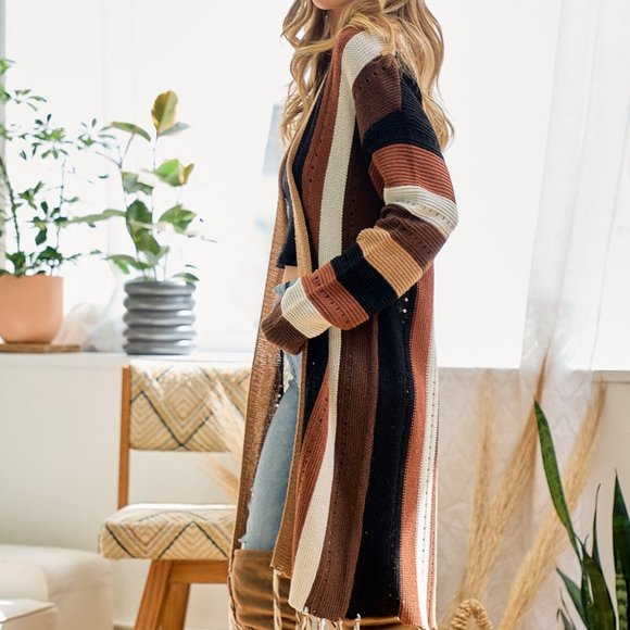 NEW ON BLUE bohemian western duster cardigan sweater stripe SM-XL Choco fringe - Picture 5 of 6